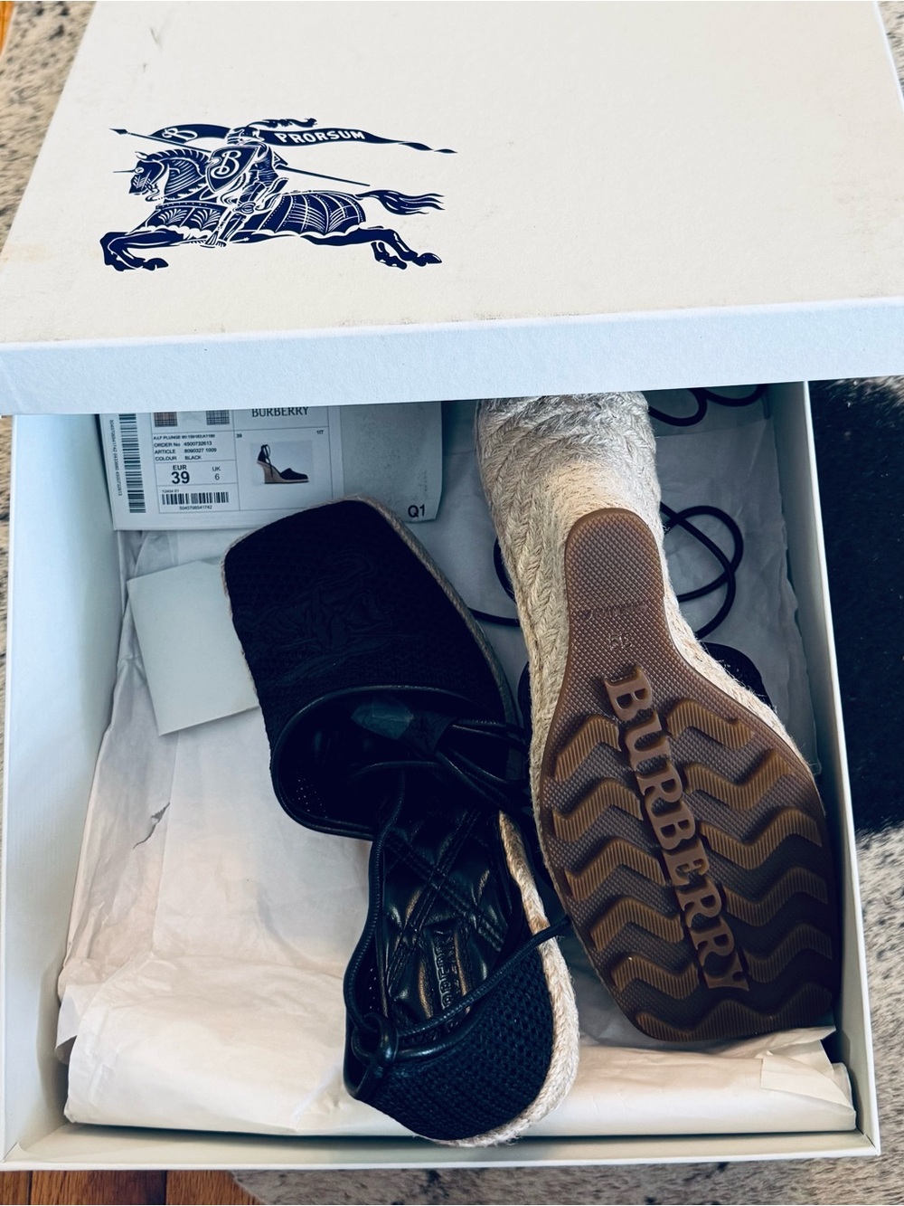 Burberry Black Lace-Up Espadrille Wedge Sandals